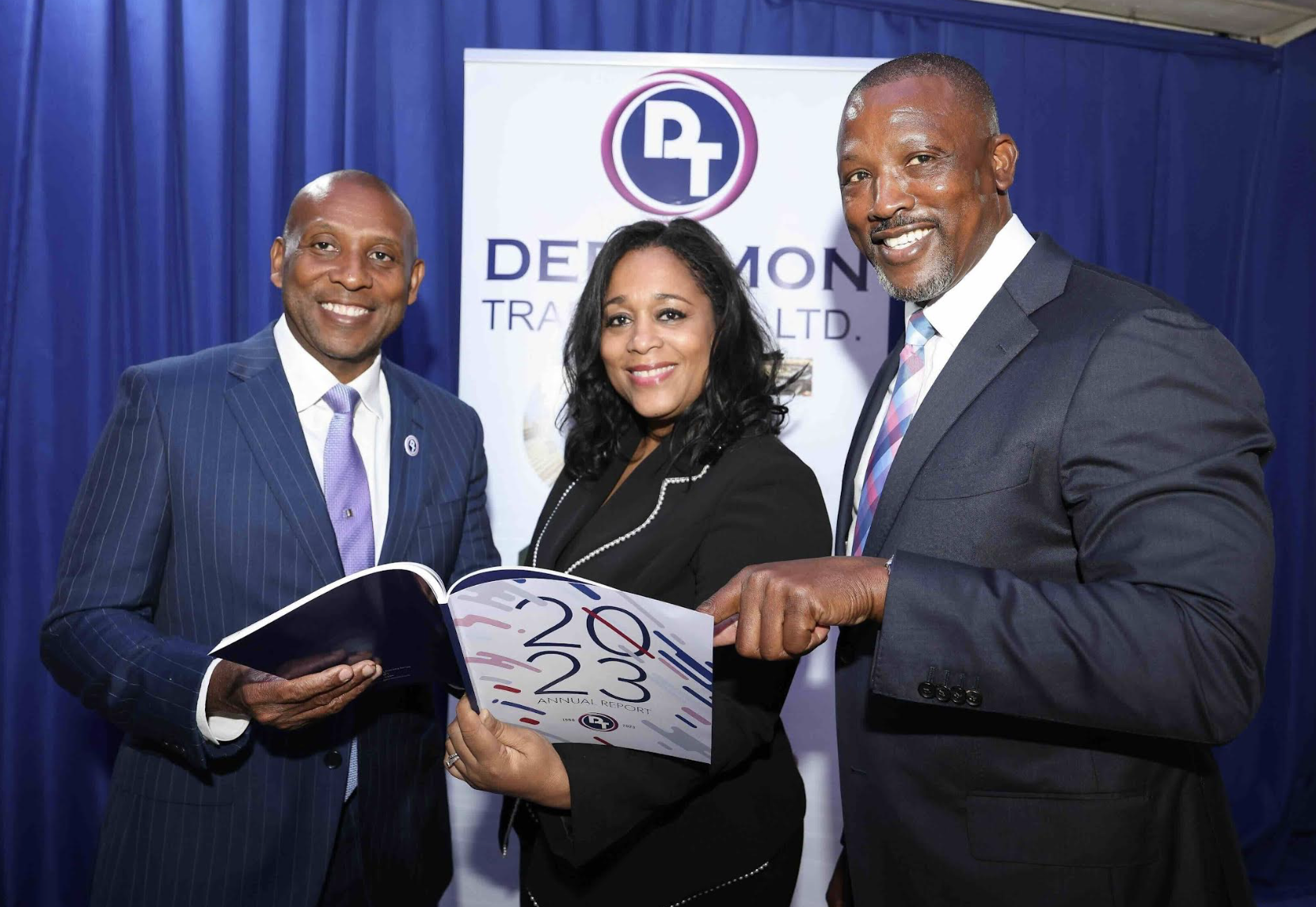 DTL Executive members (L-R) Derrick Cotterell, Group Chairman and CEO, Monique Cotterell, Group Human Resources Director and Company Secretary and Ian Kelly, Group Chief Financial Officer at Derrimon Trading Company Limited, share the frame.